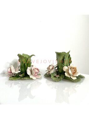 Spring | Set 2 Capodimonte Ceramic Floral Candlestick Candle Holder | Flawed Gem